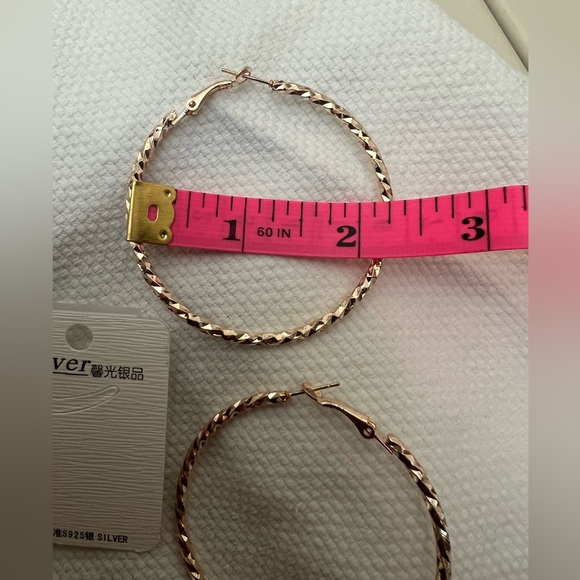 Gold Fashion Earrings Pierced Hoops S925 NIP 2 1/4” in Diameter - Picture 3 of 4